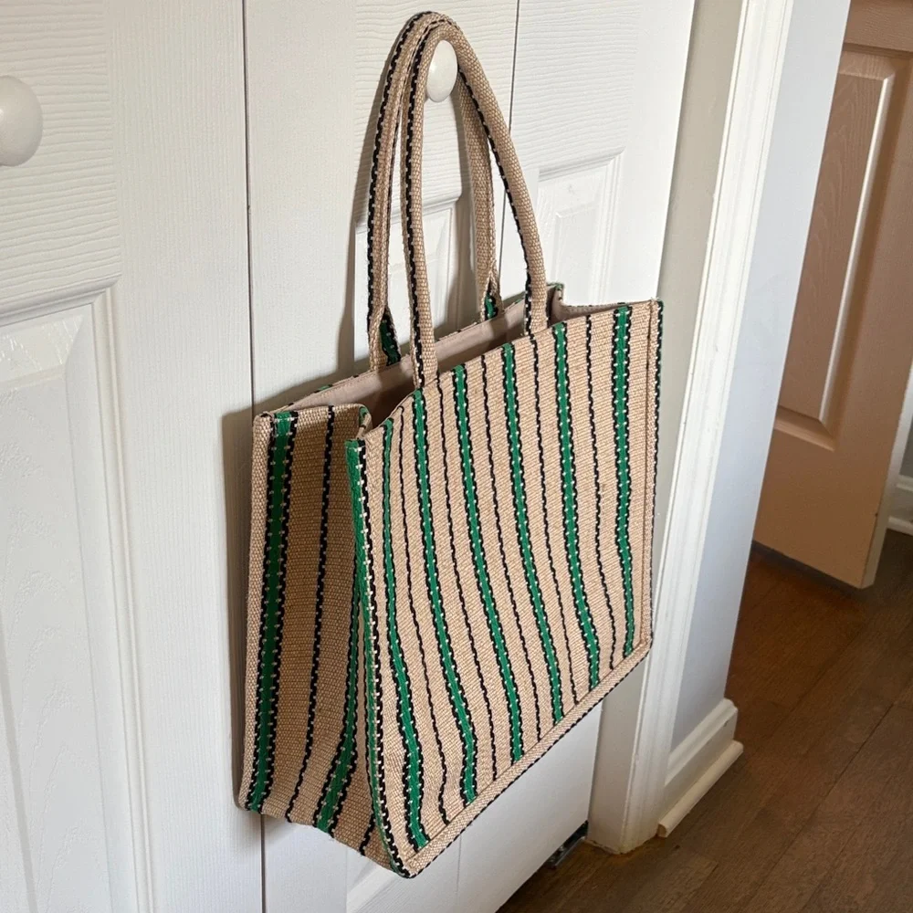 H&M Tan and Green Striped Tote Bag - Picture 2 of 3